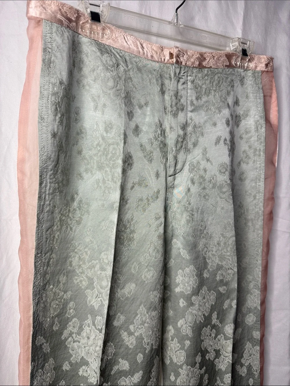 Zara Sage Green, Pink & White Jacquard Textured Pants with Sheer Pink Panels L